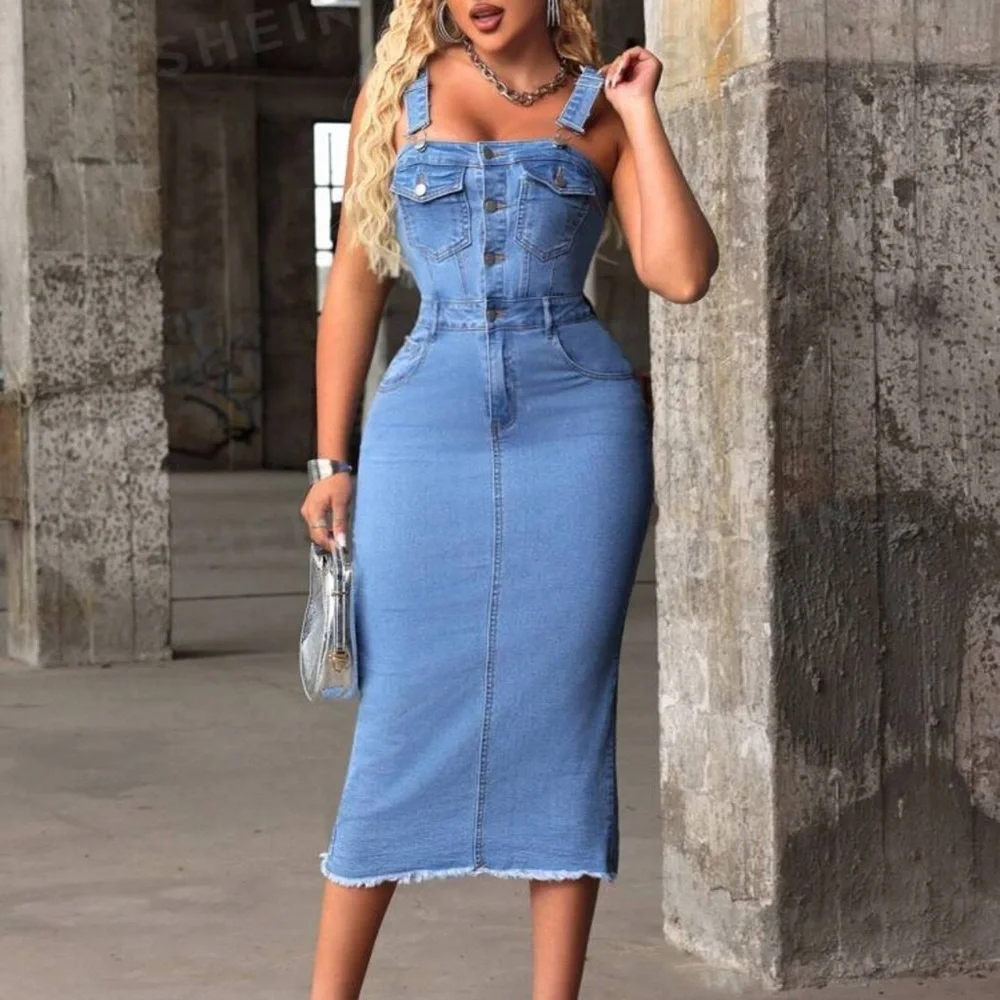 Buttoned Denim Dress with Slit Back - Picture 8 of 10